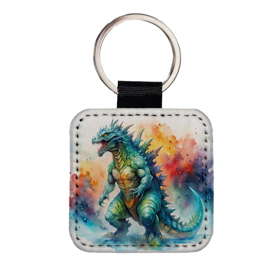 Giant Kaiju Monster Watercolor Square Faux Leather Keychain