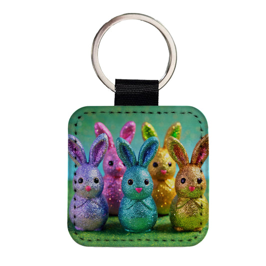 Glitter Easter Bunnies Rabbits Chocolate Square Faux Leather Keychain