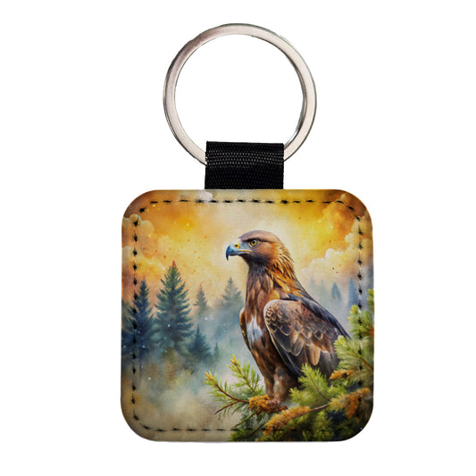 Golden Eagle Raptor Bird Of Prey In Tree Watercolor Square Faux Leather Keychain