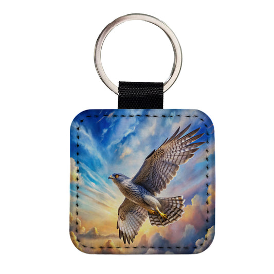 Goshawk Raptor Bird Of Prey In Flight Sky Clouds Watercolor Square Faux Leather Keychain