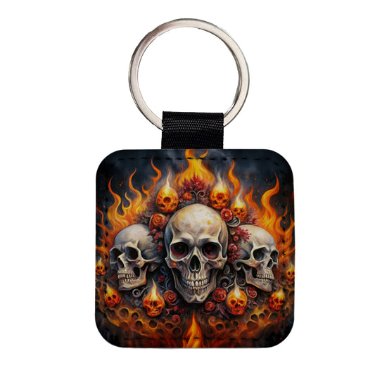 Gothic Skulls And Flames Watercolor Square Faux Leather Keychain