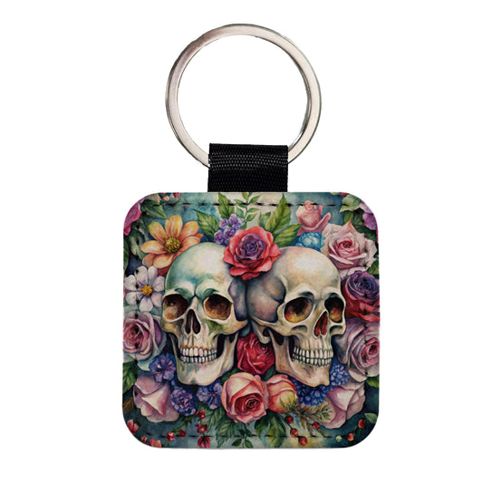 Gothic Skulls And Flowers Watercolor Square Faux Leather Keychain