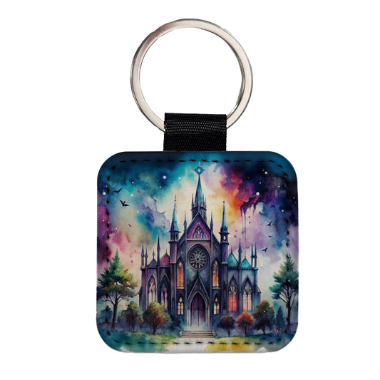Gothic Style Church Watercolor Square Faux Leather Keychain
