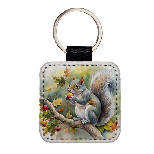 Gray Squirrel Eating Acorn In Tree Watercolor Square Faux Leather Keychain