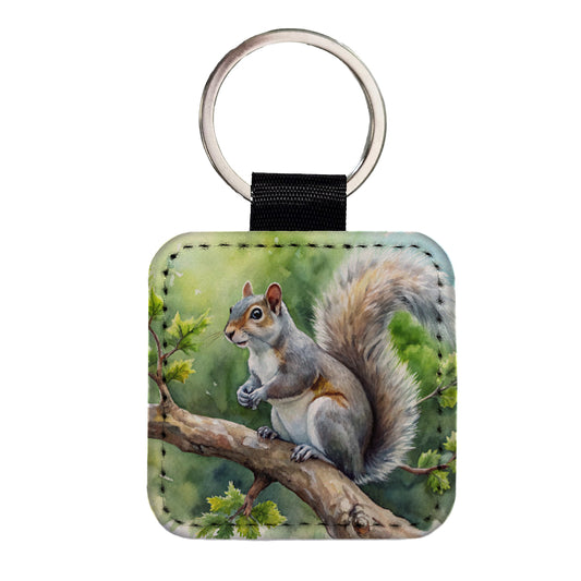 Gray Squirrel In Tree Watercolor Square Faux Leather Keychain
