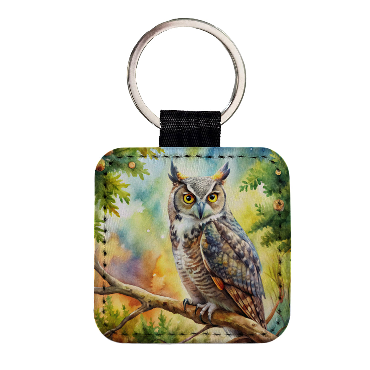 Great Horned Owl In Tree Watercolor Square Faux Leather Keychain