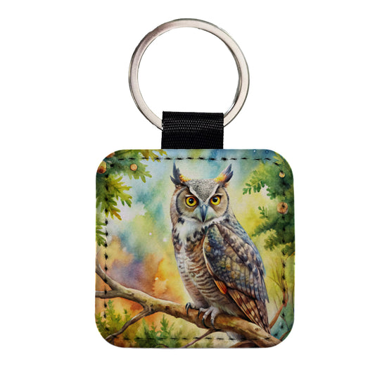 Great Horned Owl In Tree Watercolor Square Faux Leather Keychain
