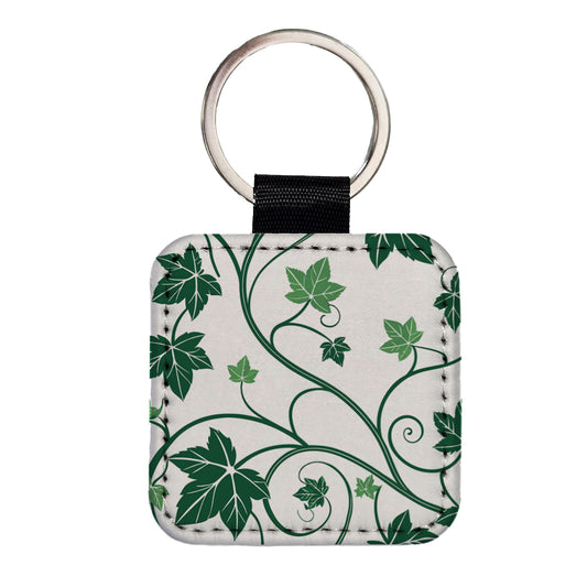 Green Ivy Vines Square Faux Leather Keychain
