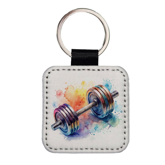 Gym Workout Dumbbells Weights Watercolor Square Faux Leather Keychain