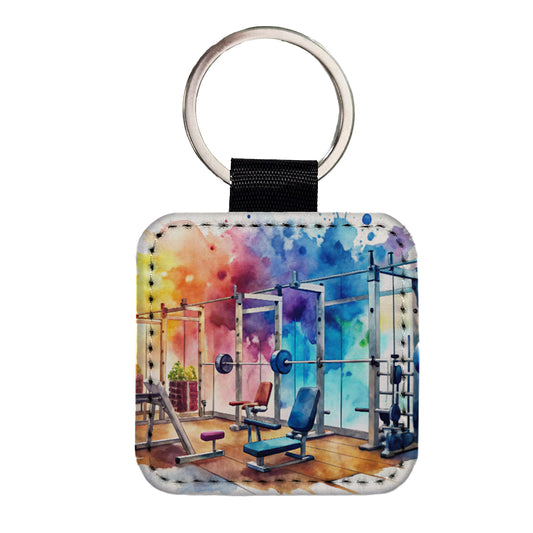 Gym Workout Equipment Watercolor Square Faux Leather Keychain