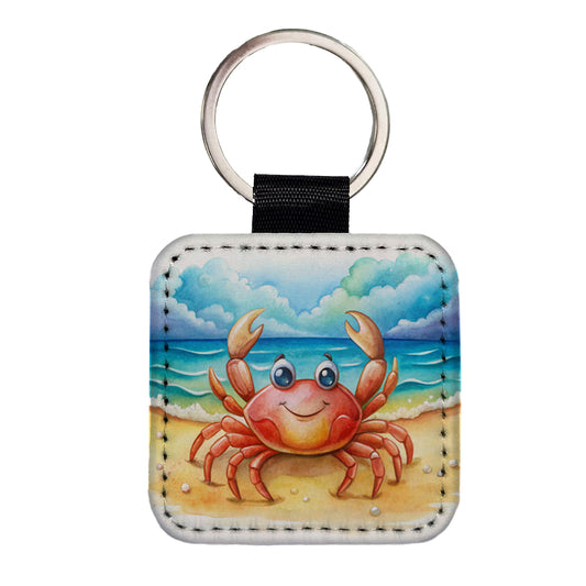 Happy Crab On The Tropical Beach Watercolor Square Faux Leather Keychain