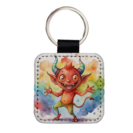 Happy Short Dancing Demon Watercolor Square Faux Leather Keychain