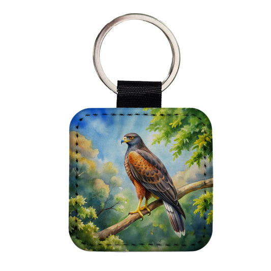 Harris's Hawk Raptor Bird Of Prey In Tree Watercolor Square Faux Leather Keychain