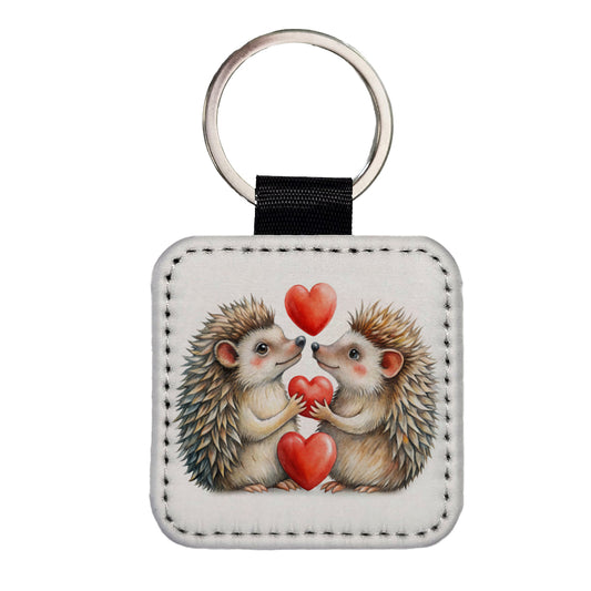 Hedgehogs In Love With Hearts Valentine's Day Square Faux Leather Keychain