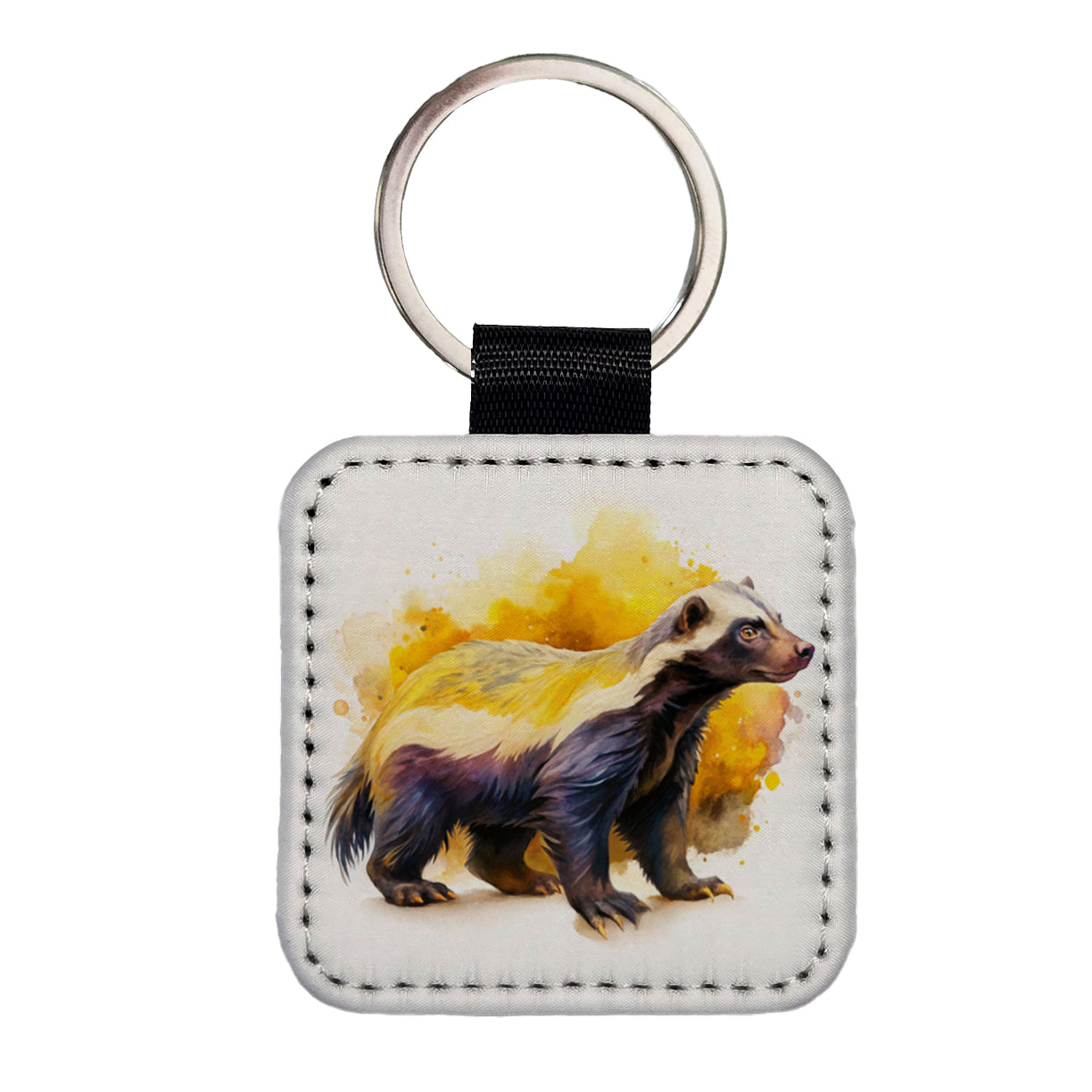 Honey Badger Watercolor Square Faux Leather Keychain