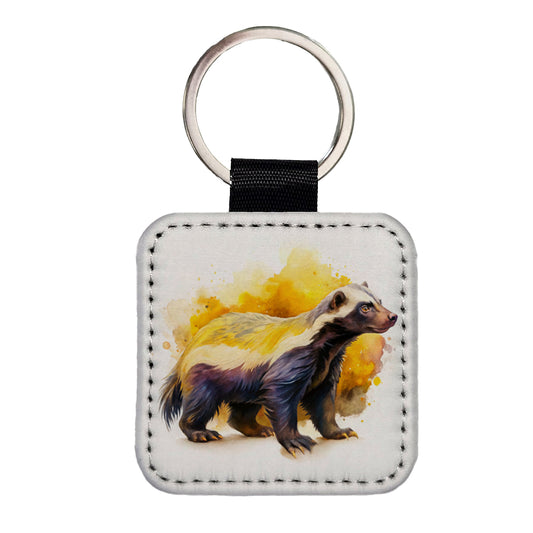 Honey Badger Watercolor Square Faux Leather Keychain