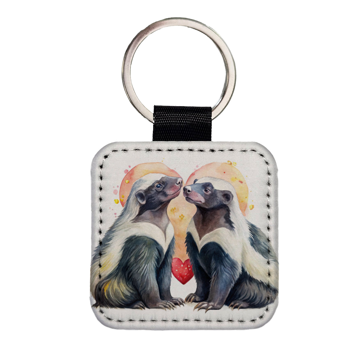 Honey Badgers In Love Heart Valentine's Day Square Faux Leather Keychain