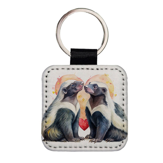 Honey Badgers In Love Heart Valentine's Day Square Faux Leather Keychain