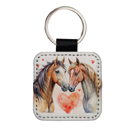 Horses In Love Heart Valentine's Day Square Faux Leather Keychain