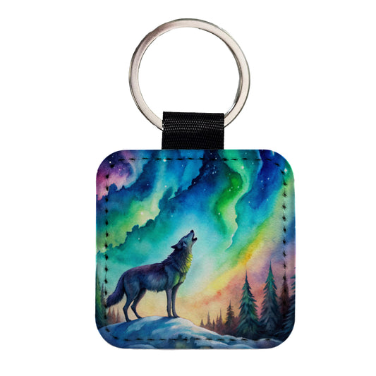 Howling Wolf And Northern Lights Watercolor Square Faux Leather Keychain