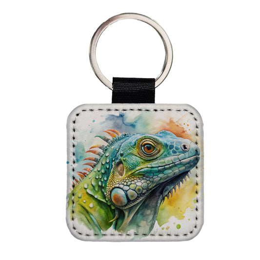 Iguana Lizard Face Profile Reptile Watercolor Square Faux Leather Keychain