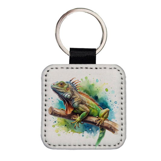 Iguana Lizard On Branch Reptile Watercolor Square Faux Leather Keychain