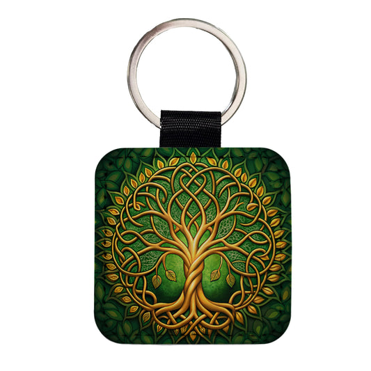 Irish Celtic Knot Tree Of Life Green And Golden Square Faux Leather Keychain