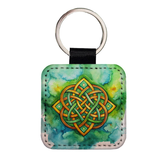 Irish Celtic Knot Watercolor Square Faux Leather Keychain