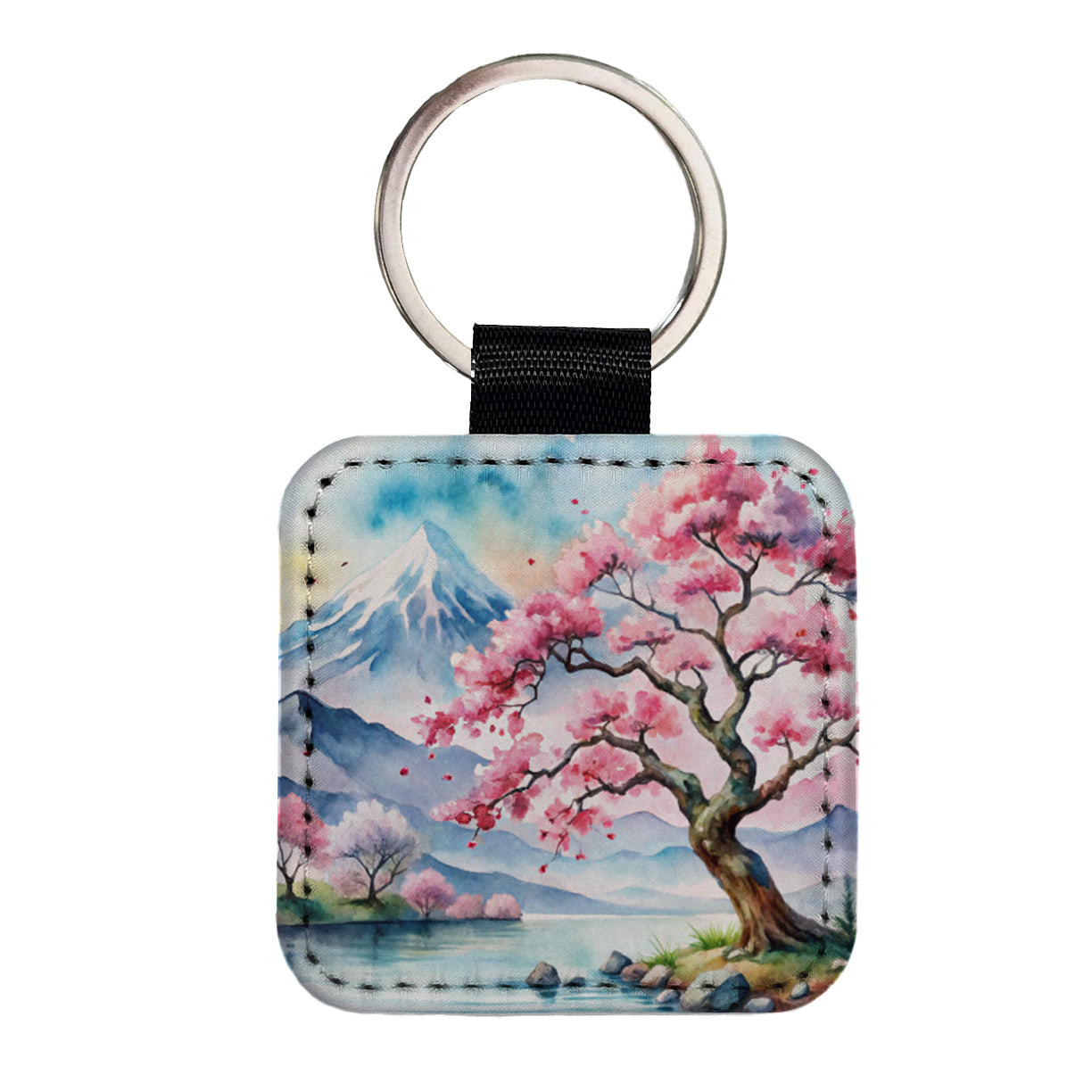 Japanese Cherry Blossom Tree Scene Watercolor Square Faux Leather Keychain