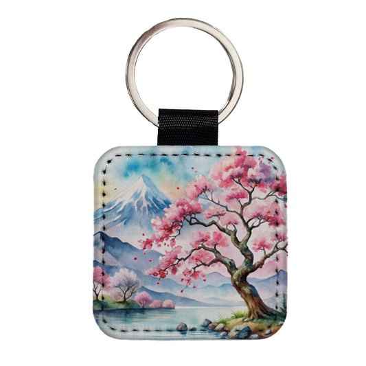 Japanese Cherry Blossom Tree Scene Watercolor Square Faux Leather Keychain