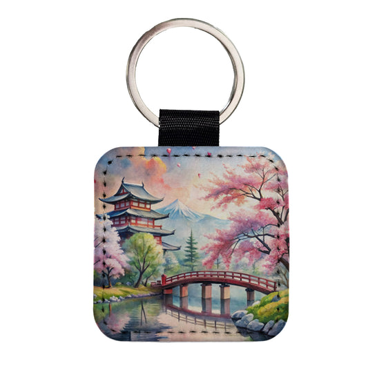 Japanese Scene With Bridge And Cherry Blossom Trees Watercolor Square Faux Leather Keychain