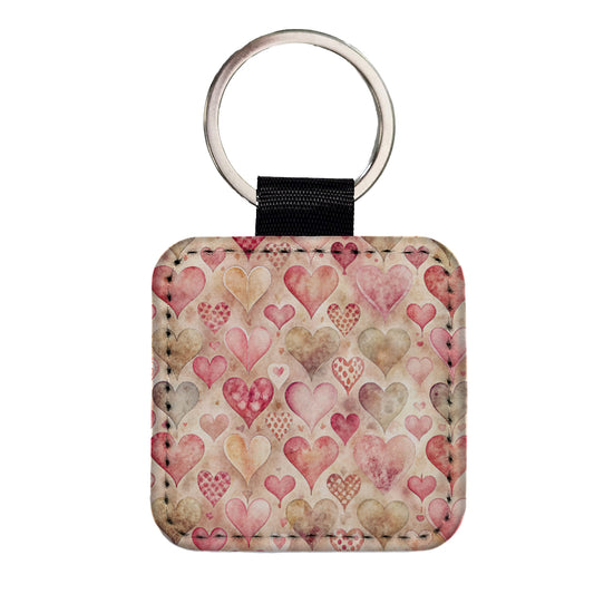 Kitschy Valentine's Day Hearts Pattern Square Faux Leather Keychain