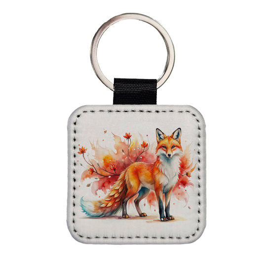 Kitsune Fox Asian Japanese Spirit Animal Folklore Watercolor Square Faux Leather Keychain