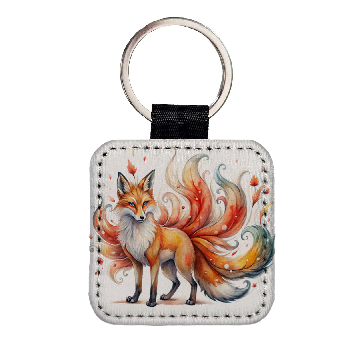 Kitsune Fox With Many Tails Asian Japanese Spirit Folklore Watercolor Square Faux Leather Keychain