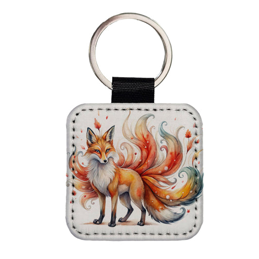 Kitsune Fox With Many Tails Asian Japanese Spirit Folklore Watercolor Square Faux Leather Keychain