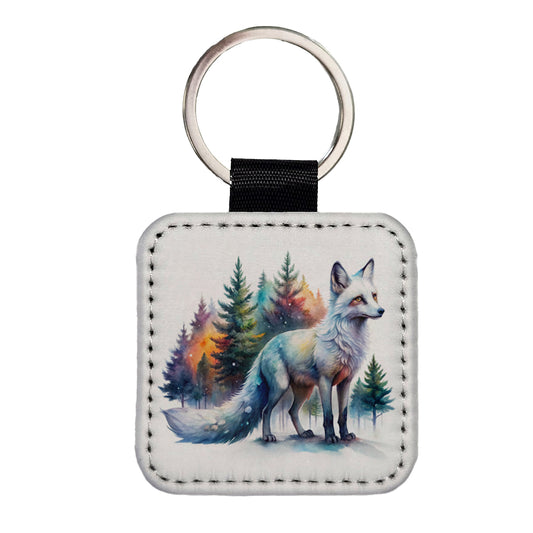 Kitsune White Fox Asian Japanese In Forest Watercolor Square Faux Leather Keychain