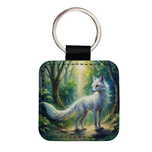 Kitsune White Fox Fantasy Japanese In Forest Watercolor Square Faux Leather Keychain