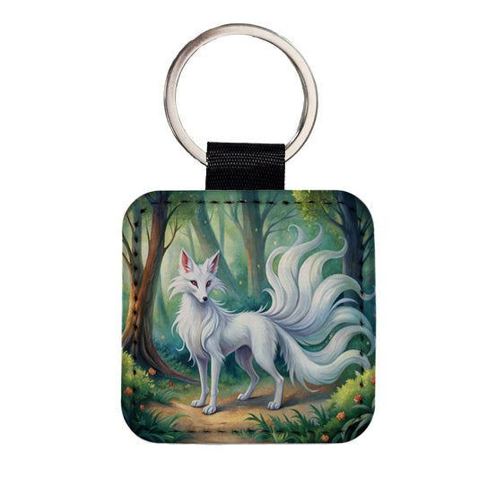 Kitsune White Fox With Many Tails Japanese Spirit Animal Watercolor Square Faux Leather Keychain