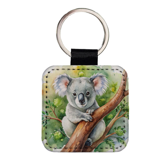 Koala In A Tree Watercolor Square Faux Leather Keychain
