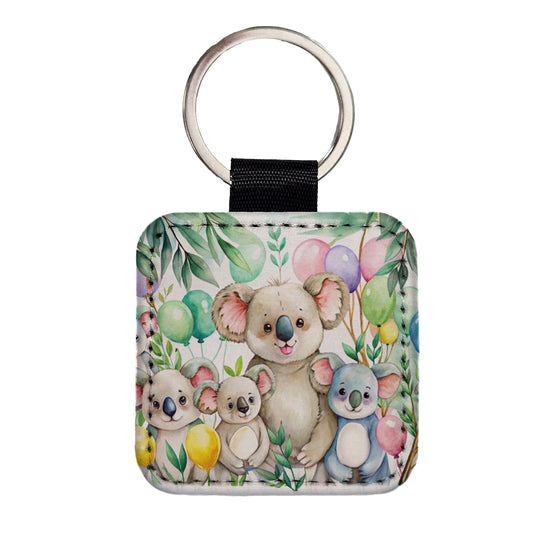 Koalas Having A Birthday Party Watercolor Square Faux Leather Keychain