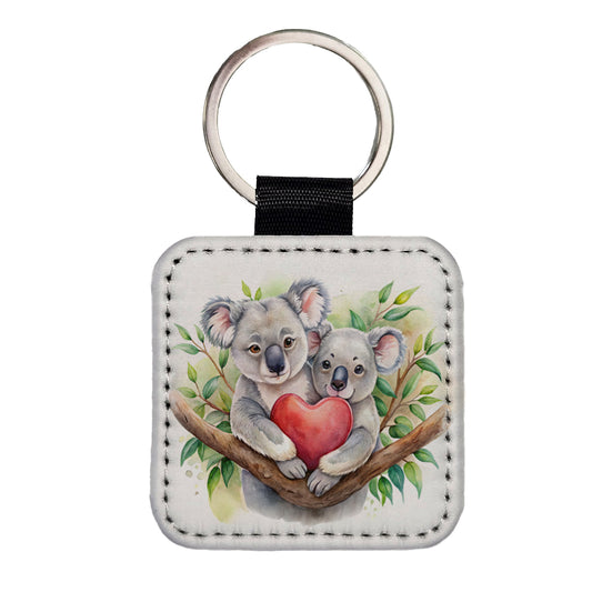Koalas In Love Heart Valentine's Day Square Faux Leather Keychain