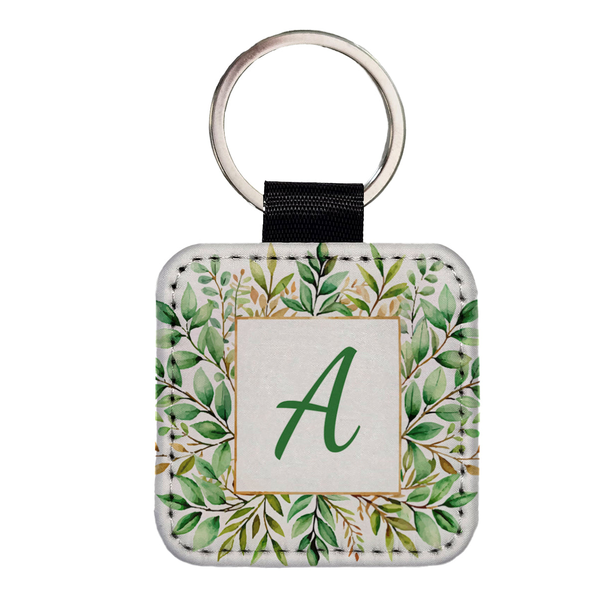 Letter A Initial Monogram Frame Leaf Square Faux Leather Keychain