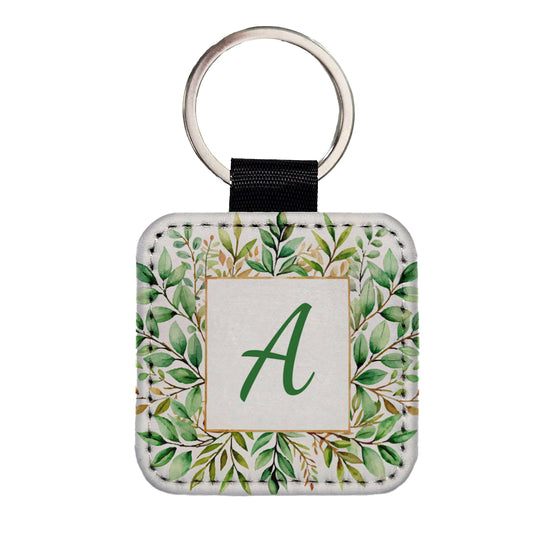 Letter A Initial Monogram Frame Leaf Square Faux Leather Keychain