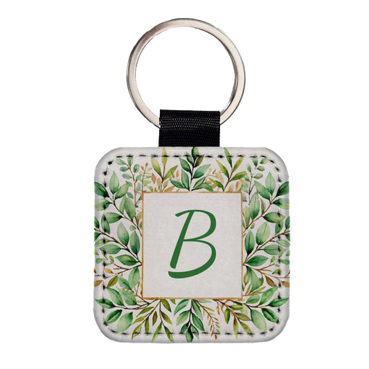 Letter B Initial Monogram Frame Leaf Square Faux Leather Keychain