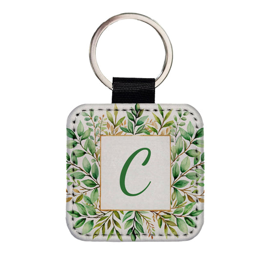 Letter C Initial Monogram Frame Leaf Square Faux Leather Keychain