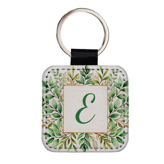 Letter E Initial Monogram Frame Leaf Square Faux Leather Keychain