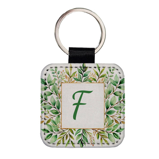 Letter F Initial Monogram Frame Leaf Square Faux Leather Keychain