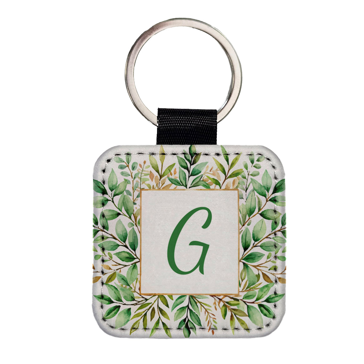 Letter G Initial Monogram Frame Leaf Square Faux Leather Keychain