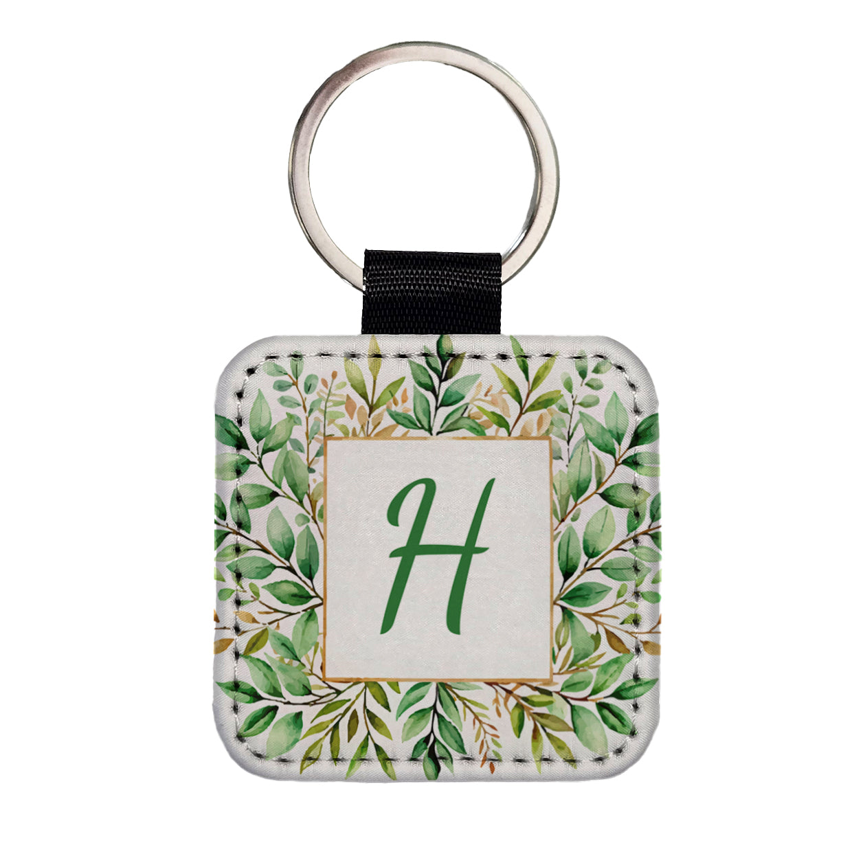 Letter H Initial Monogram Frame Leaf Square Faux Leather Keychain