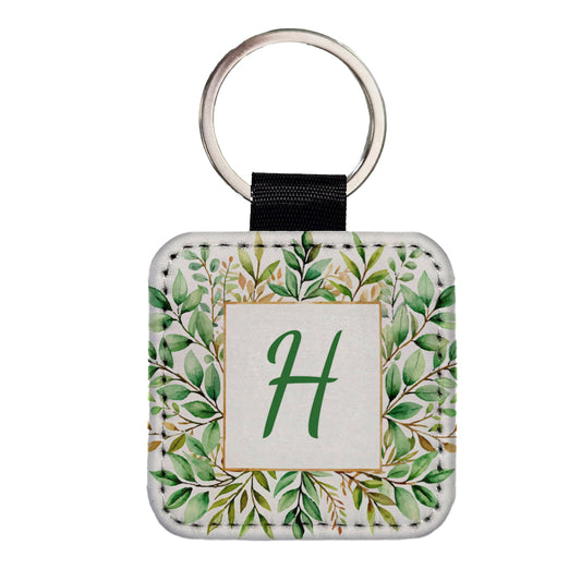 Letter H Initial Monogram Frame Leaf Square Faux Leather Keychain